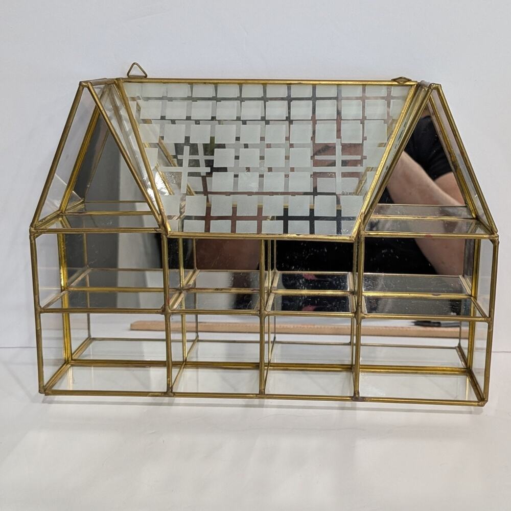 Vintage Brass Glass House Curio Shadow Box Mirrored Back Trinket Display Shelf